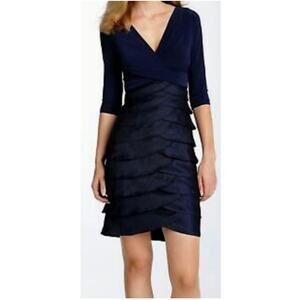 Adrianna Papell Navy Blue Matte Jersey & Hammered Satin Sheath Dress 6 S Small